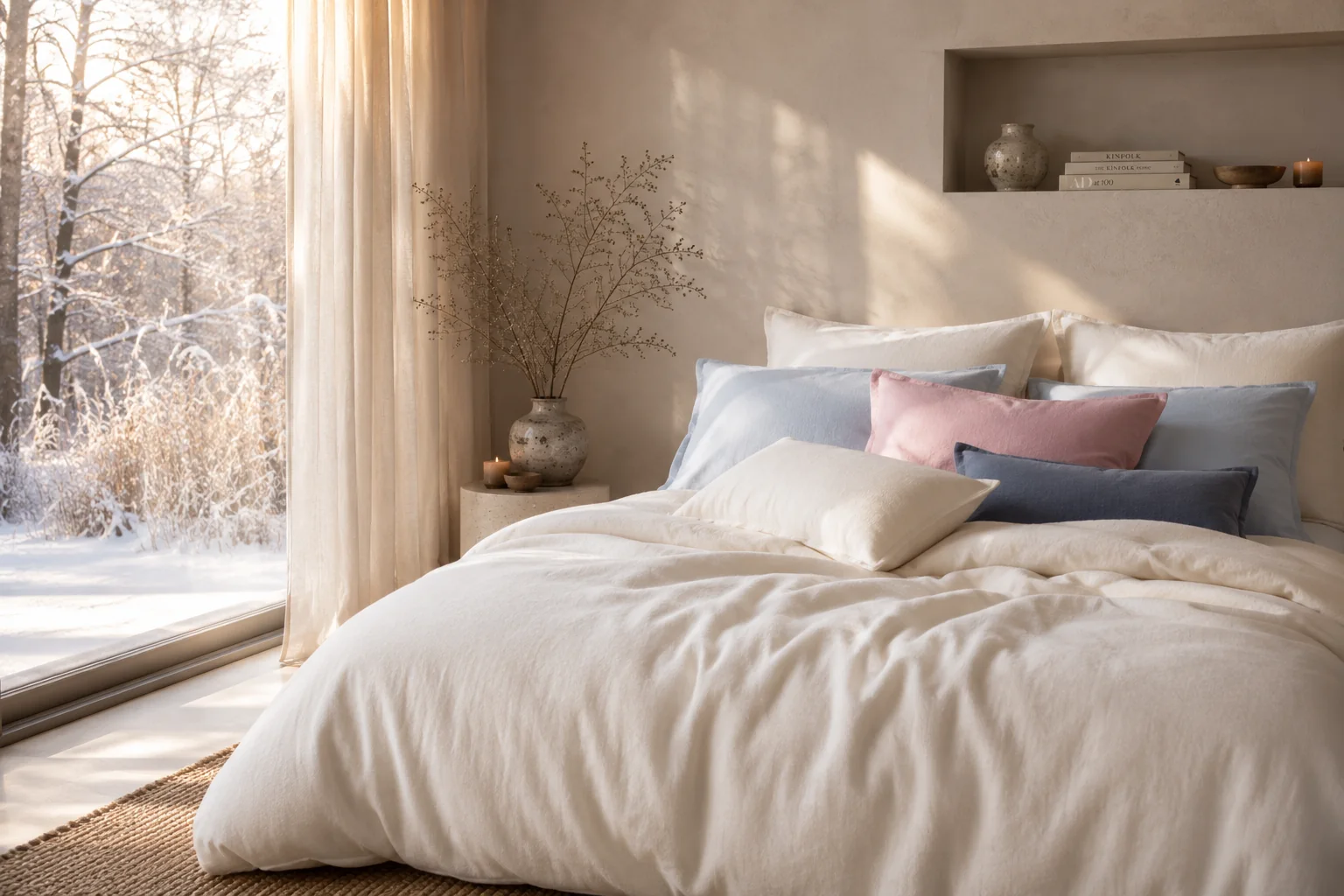 NOMO Gloss bedlinnen in een lichte slaapkamer met zachte kussens