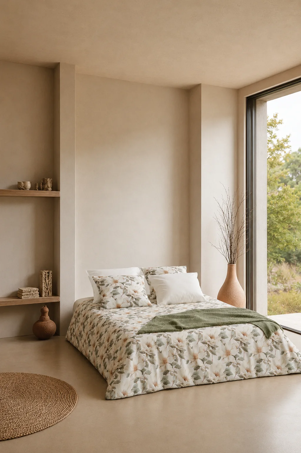 NOMO Kallista bedlinnen met een zacht botanisch dessin in een lichte slaapkamer